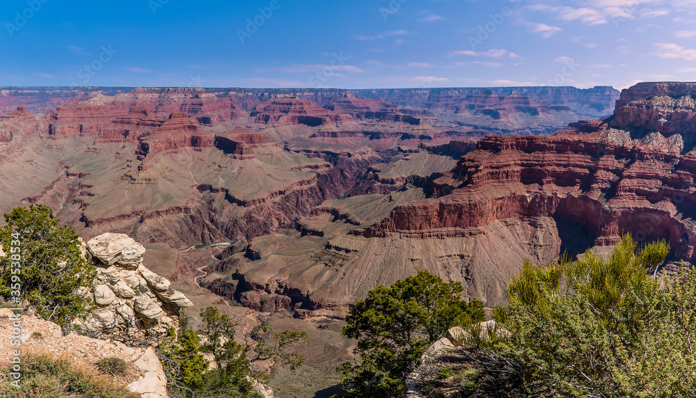 A view from the Abyss viewpoint of the Grand Canyon looking down towards Granite Rapids on the Colorado river A view from the Abyss viewpoint of the Grand Canyon looking down towards Granite Rapids on the Colorado river