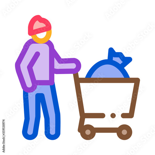 homeless with bag in shop cart icon vector. homeless with bag in shop cart sign. color symbol illustration