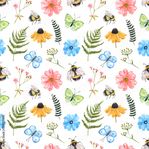 Watercolor cute wildflowers seamless pattern. Summer flowers, grass, herbs, butterflies, honey bees on white background. Colourful botanical print for textile, nursery design. © Anna Nekotangerine