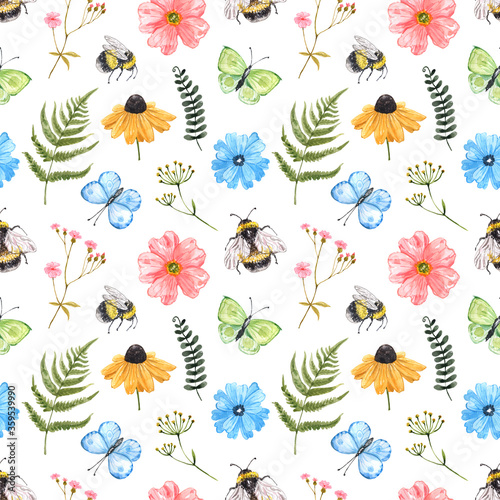 Watercolor cute wildflowers seamless pattern. Summer flowers, grass, herbs, butterflies, honey bees on white background. Colourful botanical print for textile, nursery design.