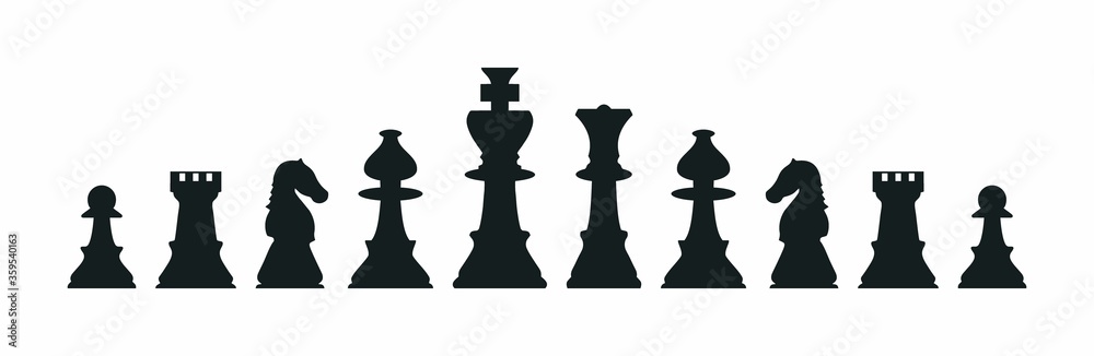 Silhouettes of chess pieces. Chessboard. Black and white. Chess icons. Vector chess isolated on white background. Playing chess on the Board. King, Queen, rook, knight, Bishop, pawn Silhouettes of chess pieces. Chessboard. Black and white. Chess icons. Vector chess isolated on white background. Playing chess on the Board. King, Queen, rook, knight, Bishop, pawn