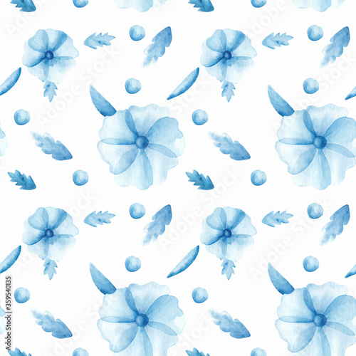 Seamless watercolor pattern with blue poppies and leaves