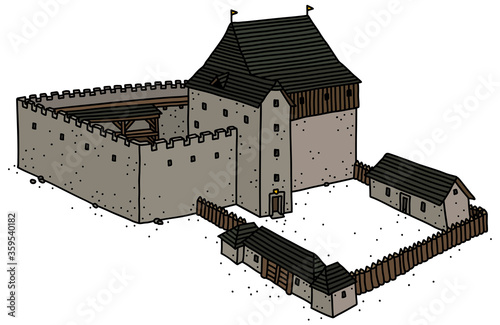 The vectorized hand drawing of an old stone castle with a wooden palisade