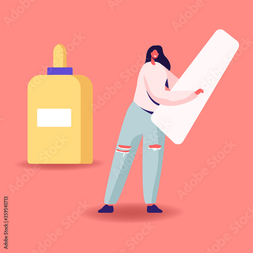 Aircraft Modeling Concept. Tiny Female Character Hold Detail from Airplane Model at Huge Bottle with Glue. Handmade, Creative Hobby Occupation, Woman Make Miniature Plane. Cartoon Vector Illustration