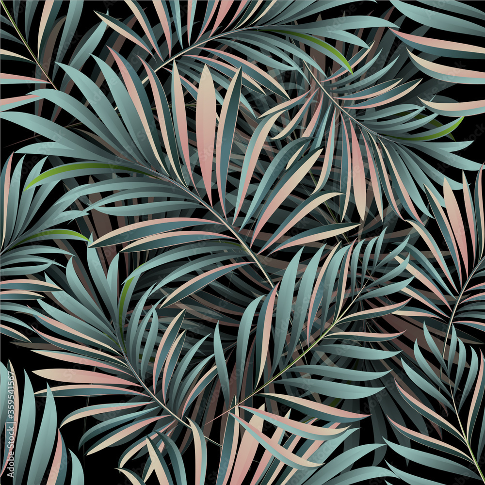 Palm leaves. Tropical seamless background pattern. Graphic design with amazing palm trees suitable for fabrics, packaging, covers - obrazy, fototapety, plakaty 