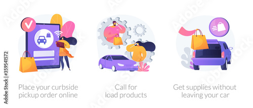 Curbside pickup abstract concept vector illustration set. Place your order online, call for load products, get supplies without leaving your car, safe grocery pick-up, quickservice abstract metaphor.