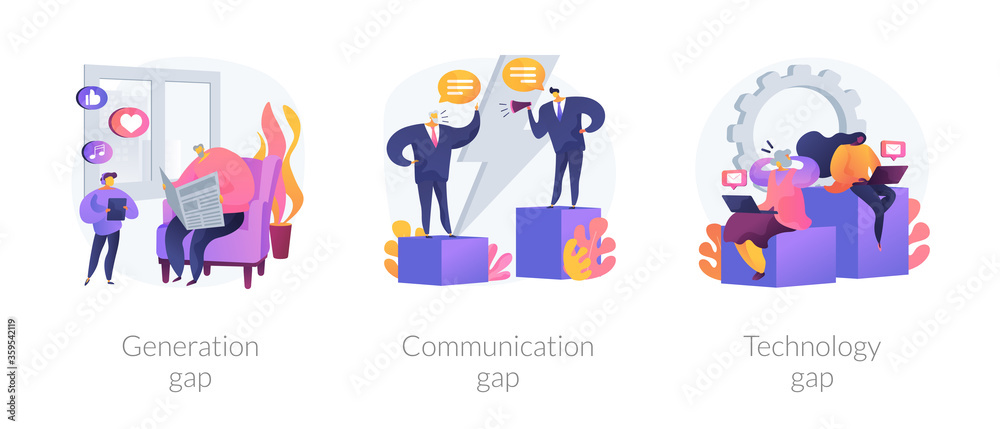 People diversity abstract concept vector illustration set. Generation and communication gap, technology gap, society development, information exchange, digital divide, relationship abstract metaphor.