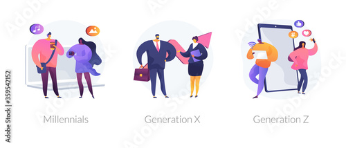 Generational change abstract concept vector illustration set. Millennials, Generation X and Z, digital native, middle age, parents, hyper-connected world, childhood with tablet abstract metaphor.