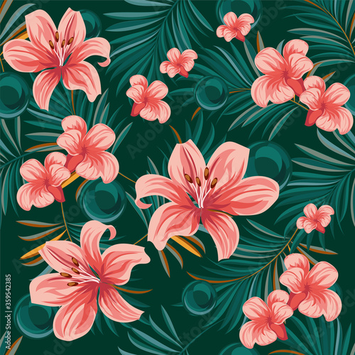 Palm leaves with blooming flowers. Tropical plants seamless pattern. Vector image. © podtin
