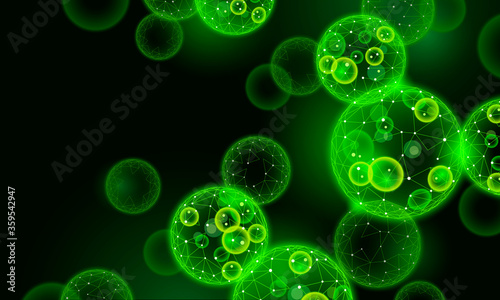 3D realistic macro Chlorella cells colony. Green energy biofuel food supplement. Chlorophyll source healthy diet. Green plant seaweed bacteria ecological concept vector illustration