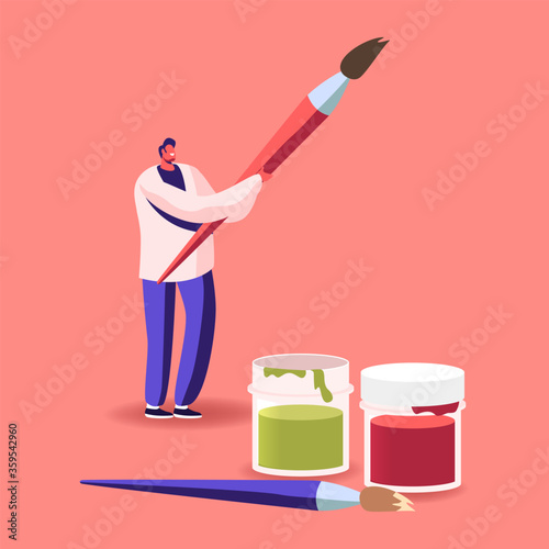 Talented Artist Tiny Male Character with Huge Brush in Hands and Paints Bottles Prepare to Create Painting Art. Creative Hobby, Drawing Class, Man Express Talent Concept. Cartoon Vector Illustration