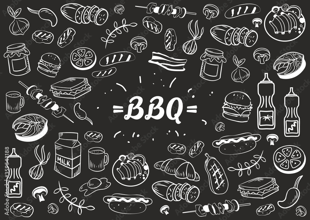 Collection of kitchen elements. Food. Barbecue and grill sketches on Board. Drawn barbecue elements around the text. Grill time. Roast meat grill chicken mushroom steaks burgers. Bbq vector