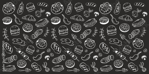 Collection of kitchen elements. Food. Barbecue and grill sketches on Board. Drawn barbecue elements around the text. Grill time. Roast meat grill chicken mushroom steaks burgers. Bbq vector