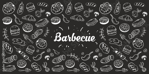 Collection of kitchen elements. Food. Barbecue and grill sketches on Board. Drawn barbecue elements around the text. Grill time. Roast meat grill chicken mushroom steaks burgers. Bbq vector
