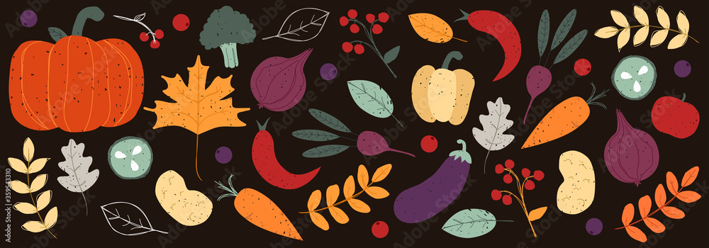Hand drawn autumn leaves and berries horizontal banner background in doodle style and traditional colors