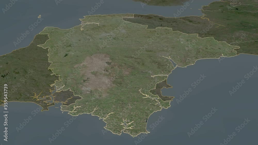 Devon, administrative county with its capital, zoomed and extruded on the satellite map of England in the conformal Stereographic projection. Animation 3D Devon, administrative county with its capital, zoomed and extruded on the satellite map of England in the conformal Stereographic projection. Animation 3D