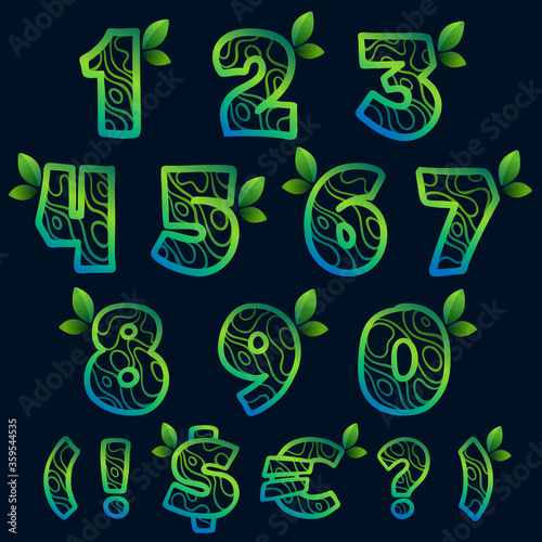 Numbers set and punctuation marks with eco waves pattern.