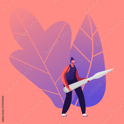 Tiny Female Character Carry Huge Steel Knife for Fruits and Vegetable Carving Craft. Traditional Thailand Art, Creative Hobby, Creation Sculptures of Veggies and Fruits. Cartoon Vector Illustration