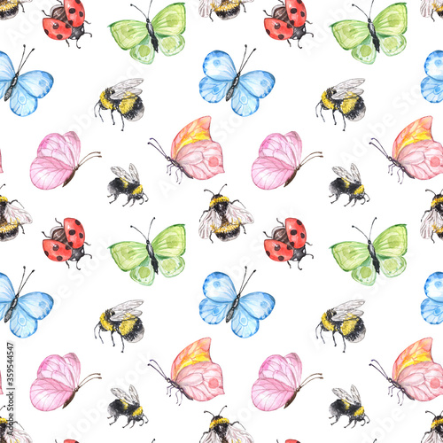 Summer cute watercolor seamless pattern with bugs and insects - flying bumble...