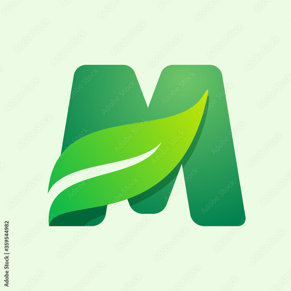 Ecology M letter logo with green leaf. Stock Vector | Adobe Stock