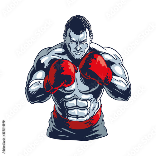 Muscular boxer isolated on white.  Champion boxing, stylized vector illustration.