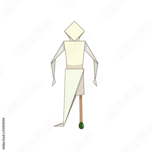 Origami character using a match instead of leg on white isolated background, vector illustration for making prints, pictures, posters or logos and using that in Medicine and Disability topics.