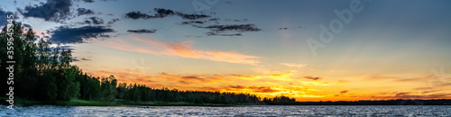 Panorama of Scandinavian white night at polar and subpolar area in Sweden. Midnight Sun just below horizon line, sun rays illuminate highest clouds in atmosphere. Lake and forest at coast line