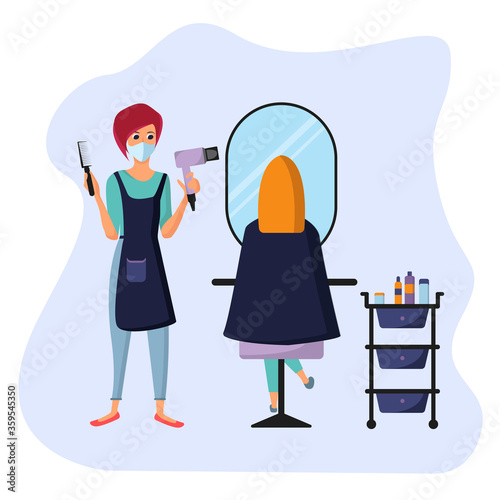 female hairdresser wearing surgical mask, hair stylist, beauty salon, healthcare, hair salon