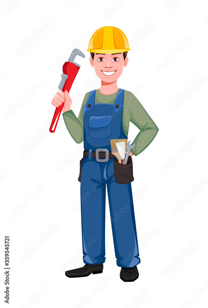 Builder cartoon character holding wrench Builder cartoon character holding wrench