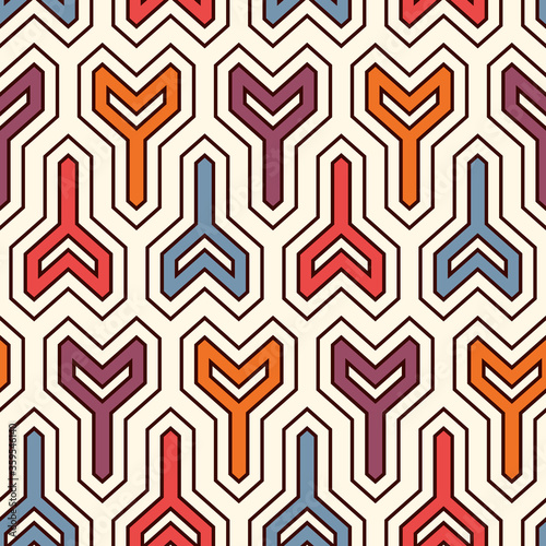 Interlocking three pronged blocks background. Winder keys motif. Ethnic seamless surface pattern with geometric figures.