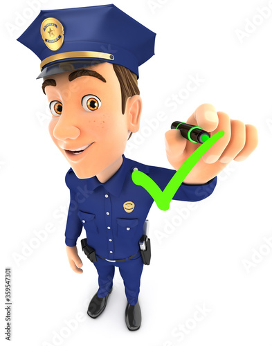 3d policeman drawing positive check mark