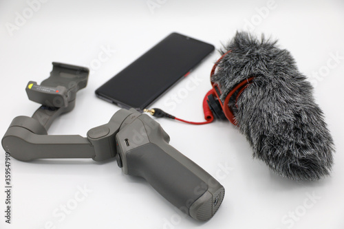 Video kit for mobile journalism on white background