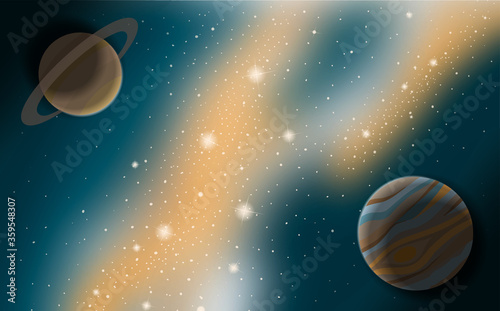 Cosmic landscape and background. Concept for a great conjunction. Jupiter and Saturn.