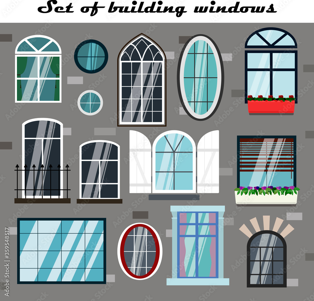A set of vector Windows for buildings. Flat illustration of different ...