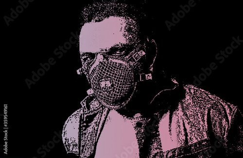 Man wearing respirator ffp3 typy. Worker in th the dust. Dirty mine. Miner on the background of ventilation. Vector halftone image