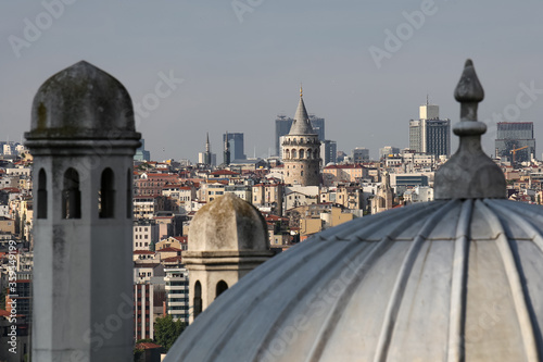 Suleymaniye Bath Roofs and Galata Tower in Istanbul, Turkey