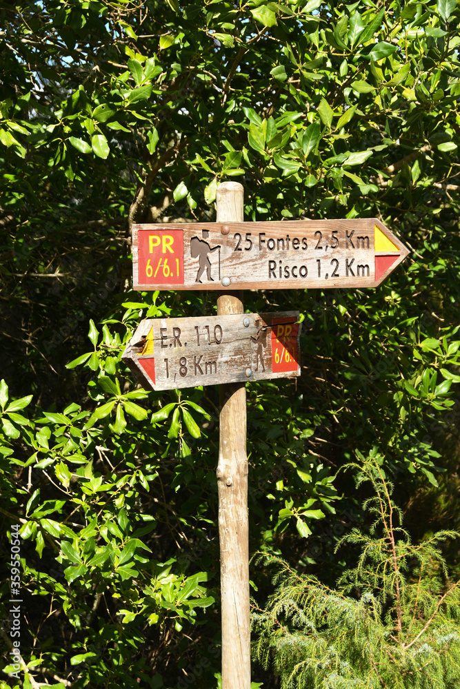 Madeira, Portugal - September 2017:Signpost for the levada walk to the 25 Fontes and the Risco waterfall