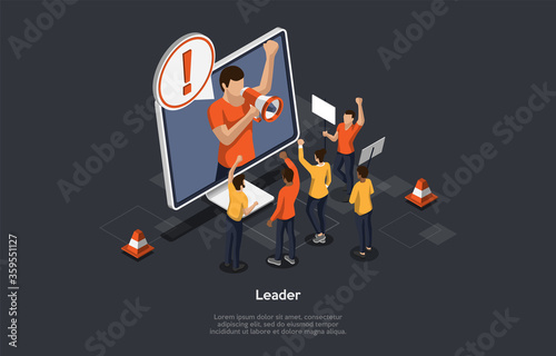 Mass Protest Action Concept. Dissatisfied People With Protest Banners Led By Leader On Monitor, Complain, Take Part In Strike, Defend Their Rights, Freedom. Isometric 3D Cartoon Vector Illustration