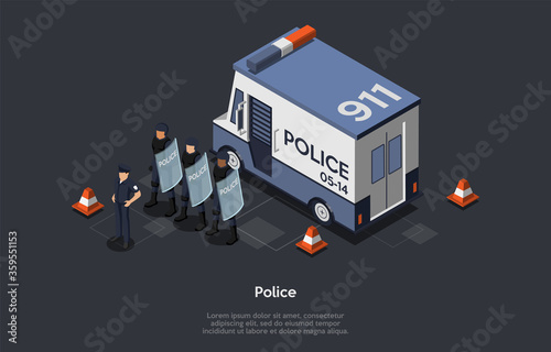 Concept Of Protection Of Population, Authoritarian, Totalitarian Regimes. Counter-Terrorist Police Squad Special Forces Unit Near Police Car Ready To Protect Order. Isometric 3D Vector Illustration