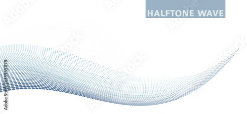 Blue gray dotted wave with halftone effect on white. Vector
