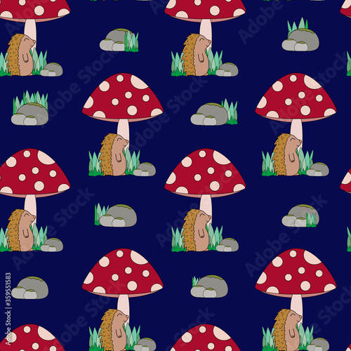 Seamless vector repeating pattern with hedgehog and mushroom. Perfect for fabric, scrapbooking and wallpaper.