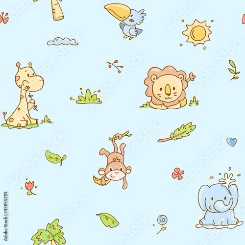 adorable seamless pattern with baby animals, tropical jungle theme on baby blue background