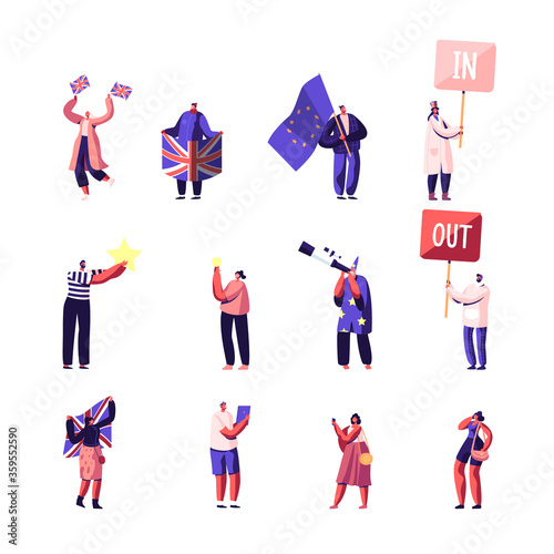 Set of Male and Female Characters Brexit and Anti Brexit Supporters in Demonstration. People Looking on Stars in Telescope, Astrologer in Hat and Costume, Politics Picket. Cartoon Vector Illustration