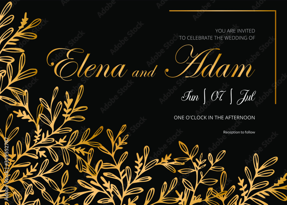 Wedding invitation card, save the date with golden flowers, leaves and branches.