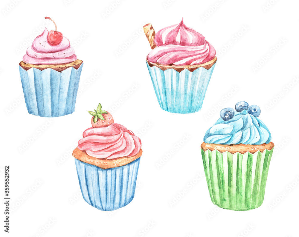 Watercolor cute cupcakes clipart set. Cartoon nursery illustration isolated on a white background. Hand painted illustration for sticker, pattern, baby shower, birthday invitation, poster, sublimation Watercolor cute cupcakes clipart set. Cartoon nursery illustration isolated on a white background. Hand painted illustration for sticker, pattern, baby shower, birthday invitation, poster, sublimation