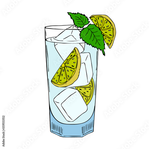 Hand drawn doodle sketch of alcoholic cocktails. Vector illustration of mojito cocktail with lime and mint ingredients. Design for decorating a restaurant menu, recipe, cards, labels.