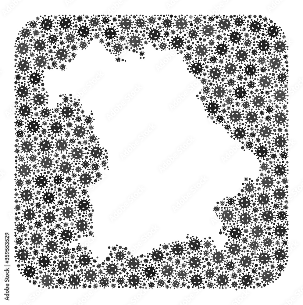 Pandemic virus map of Bavaria State mosaic created with rounded square and subtracted space. Vector map of Bavaria State collage of infection virus particles in various sizes and grey color tinges. Pandemic virus map of Bavaria State mosaic created with rounded square and subtracted space. Vector map of Bavaria State collage of infection virus particles in various sizes and grey color tinges.