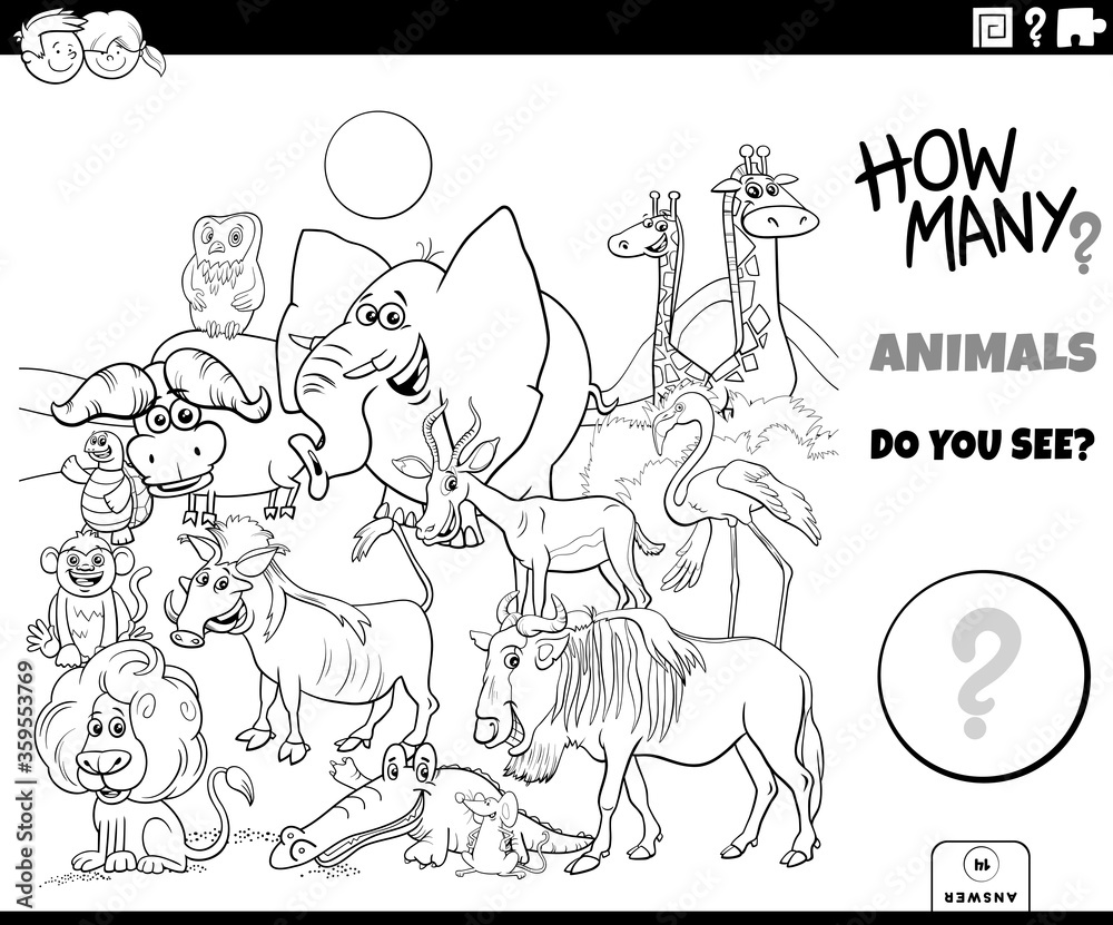 Fototapeta premium counting animals educational game coloring book page