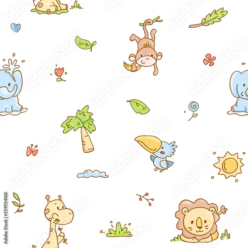 Cute baby animals and tropical plants set