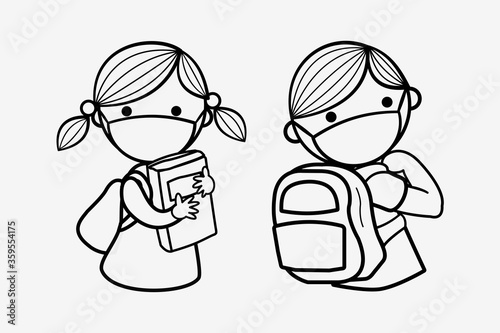 Kids go to school. Back to school for new normal lifestyle . happy kids wearing face mask and social distancing protect coronavirus covid 19, group of children and friends go to school isolated